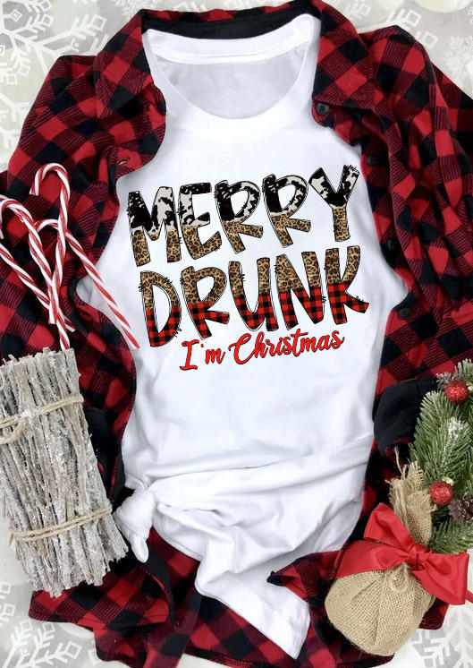 

T-shirts Tees Merry Drunk I'm Christmas Leopard Plaid Cow T-Shirt Tee in White. Size