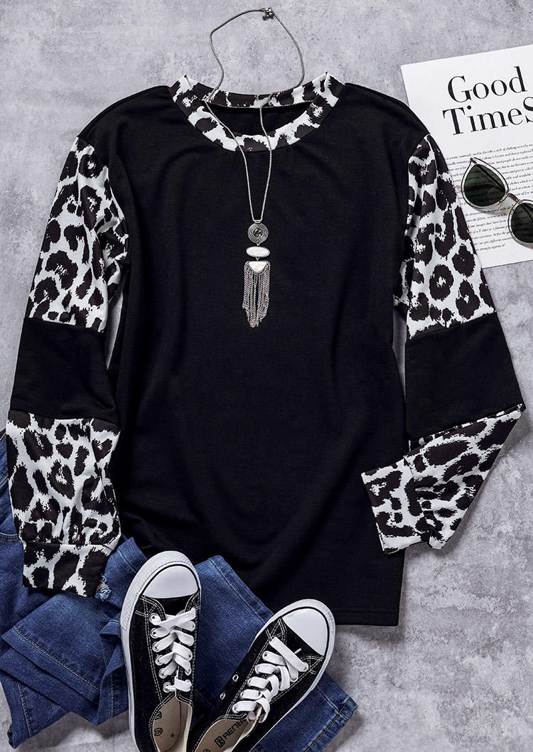Leopard Color Block O-Neck Sweatshirt - Black