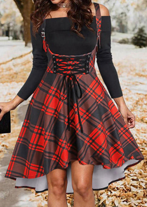 Plaid Buckle Strap Criss-Cross Mini Dress - Red