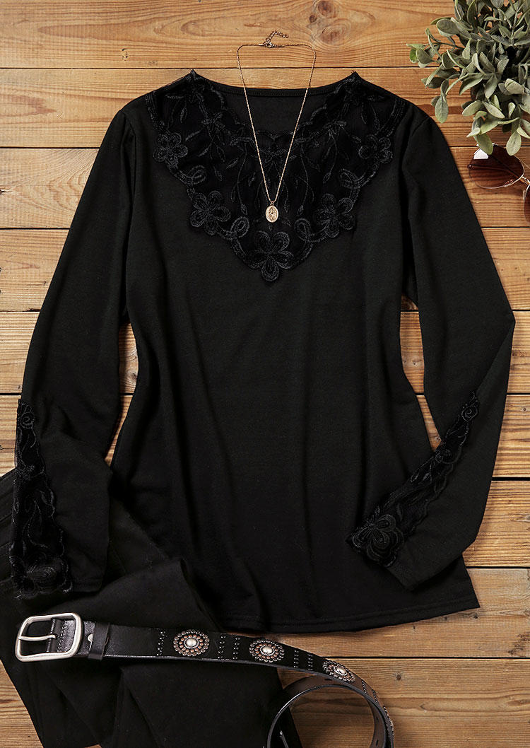 

Blouses Lace Splicing Long Sleeve Blouse in Black. Size: L,M,,XL
