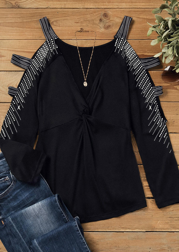 Blouses Twist Ruffled Cold Shoulder Blouse in Black. Size: S,XL