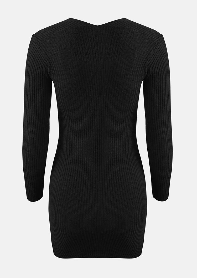 Square Collar Long Sleeve Bodycon Dress - Black
