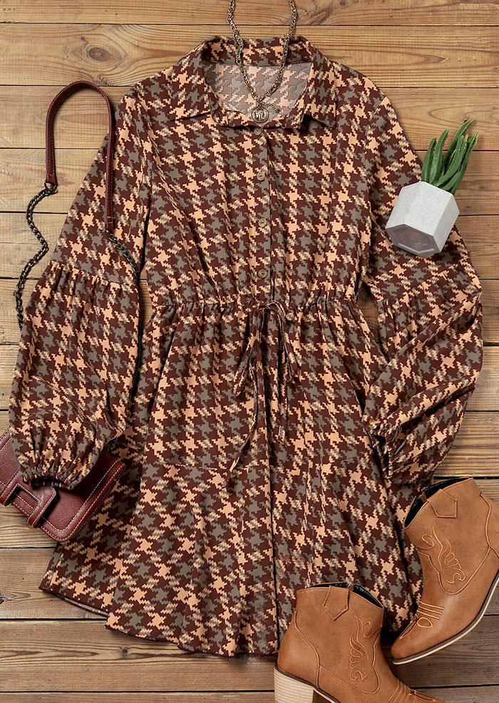 

Mini Dresses Plaid Button Ruffled Turn-Down Collar Mini Dress in Brown. Size: L,,XL