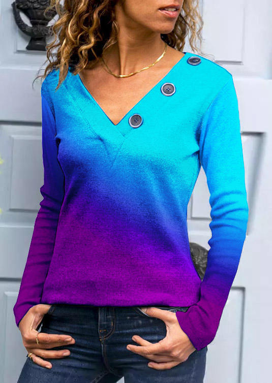 

Blouses Gradient Button Long Sleeve V-Neck Blouse in Multicolor. Size