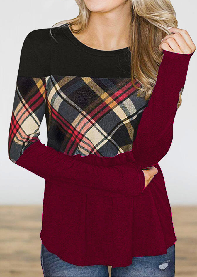 Color Block Plaid Long Sleeve Blouse
