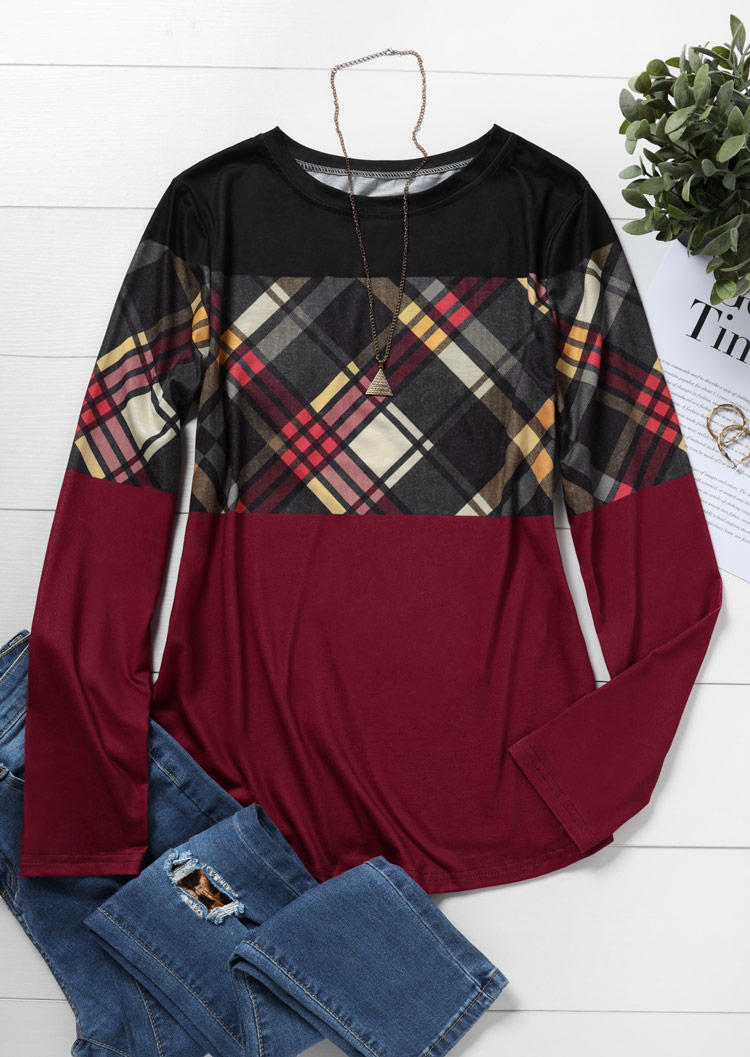 Color Block Plaid Long Sleeve Blouse