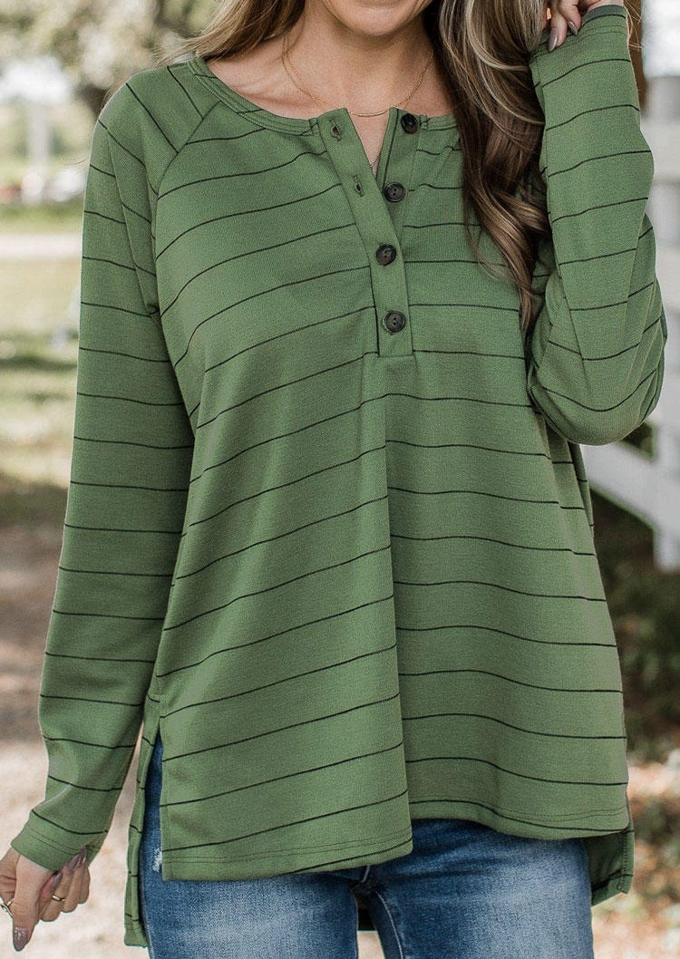 Blouses Striped Button Slit Blouse in Green. Size: M