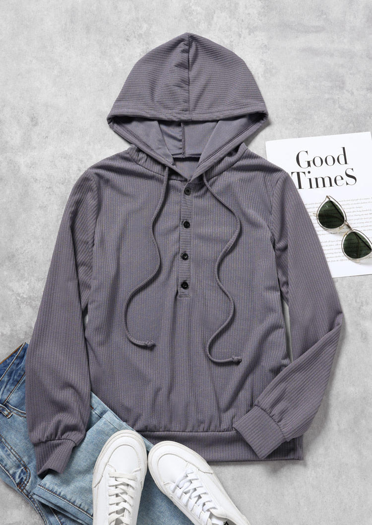 Hoodies Button Drawstring Long Sleeve Hoodie in Gray. Size: S