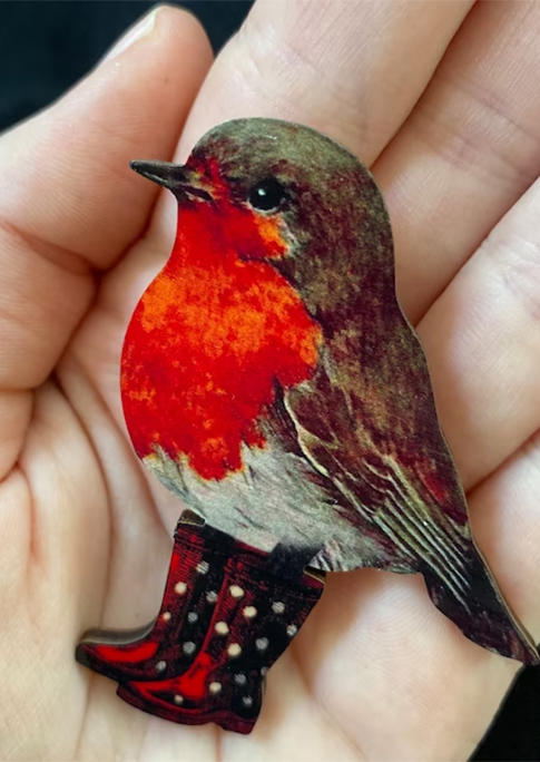 

Body Jewelry DRY FEET Redbreast Robin Bird Wooden Brooch Pin in Multicolor. Size