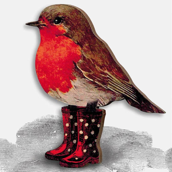 DRY FEET Redbreast Robin Bird Wooden Brooch Pin