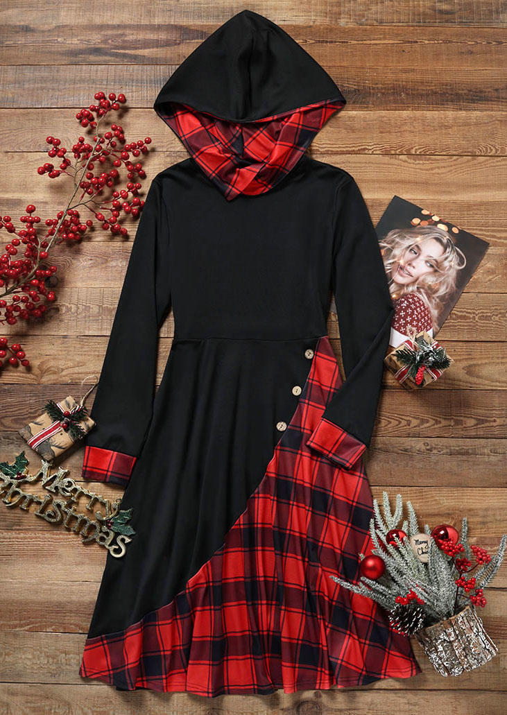 

Midi Dresses Buffalo Plaid Button Hooded Midi Dress in Black. Size