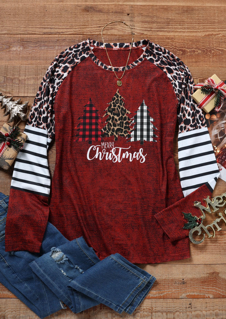 

T-shirts Tees Merry Christmas Tree Buffalo Plaid Leopard Striped T-Shirt Tee - Burgundy in Red. Size