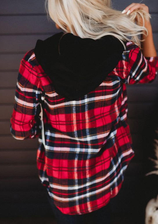 

Coats Plaid Pocket Button Long Sleeve Hooded Coat in Multicolor. Size: L,M,,XL
