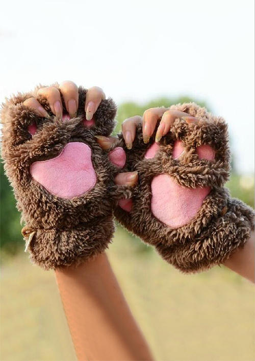 Gloves Cat Paw Fuzzy Warm Gloves in Green. Size: One Size