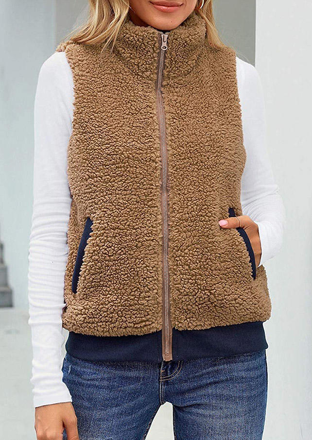 

Coats Pocket Zipper Fleece Vest Coat in Khaki. Size: L,M,,XL