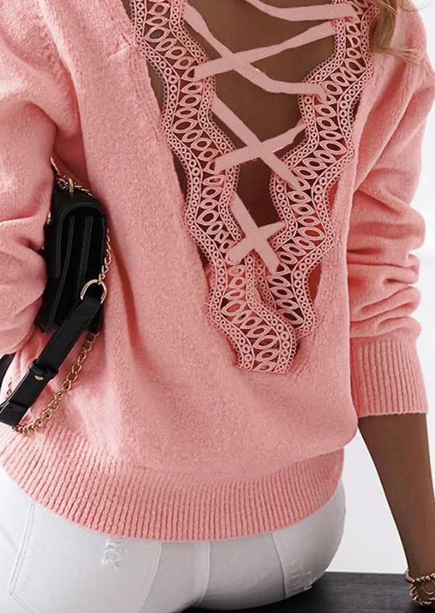 

Sweaters Lace Splicing Criss-Cross Sweater in Pink. Size: L,M,,XL