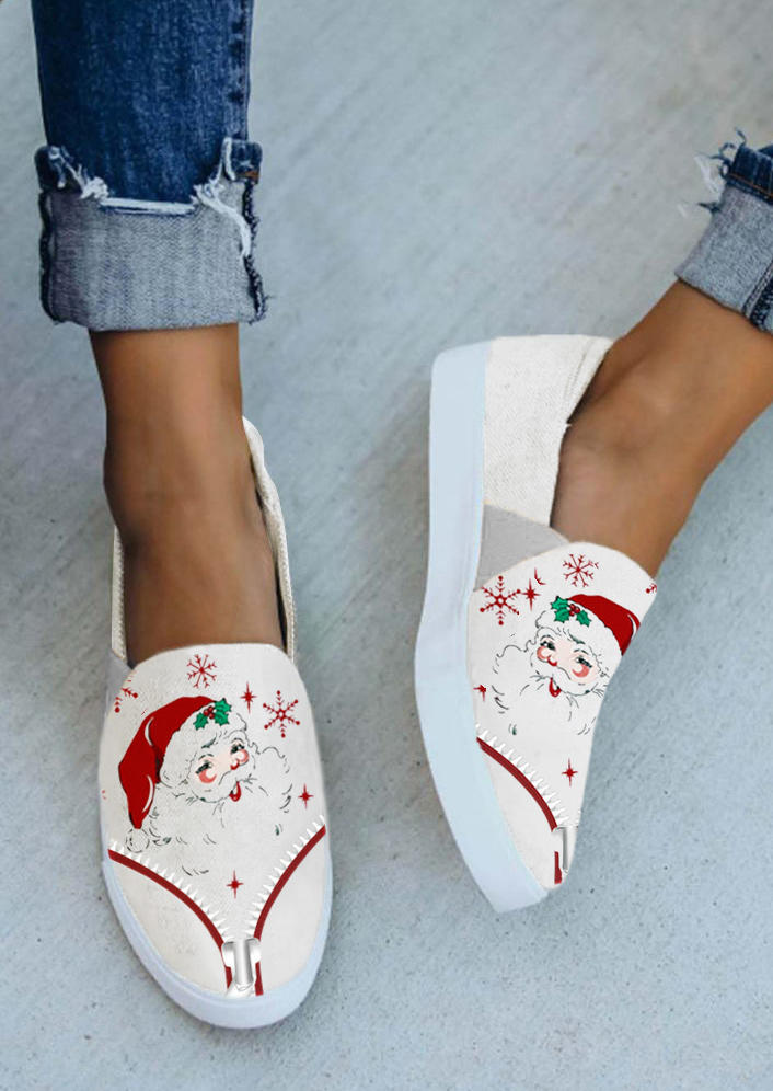 

Sneakers Christmas Santa Claus Snowflake Zipper Flat Sneakers in White. Size: ,38,39,40,41