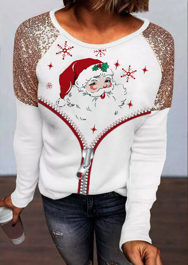 

Blouses Christmas Snowflake Santa Claus Sequined Blouse in White. Size: L,M,,XL