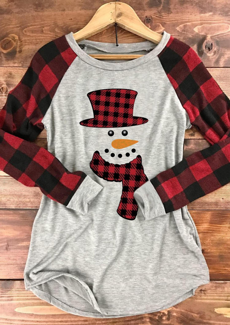 T-shirts Tees Christmas Snowman Plaid O-Neck T-Shirt Tee in Multicolor. Size: L,S
