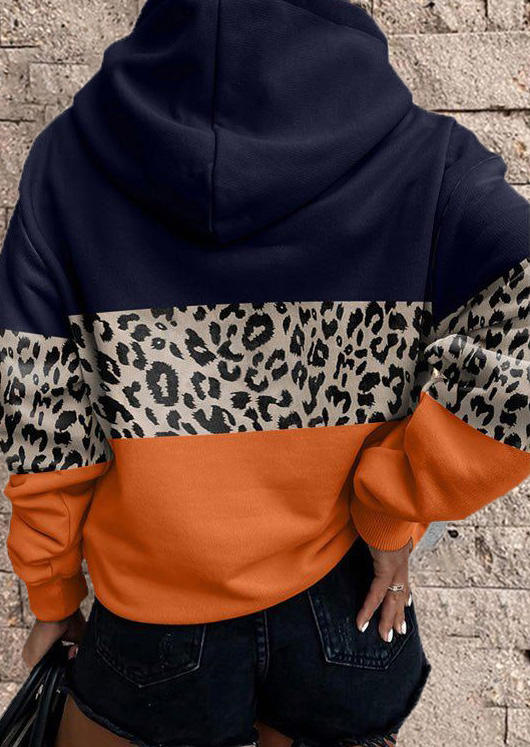 

Hoodies Leopard Color Block Kangaroo Pocket Hoodie in Multicolor. Size