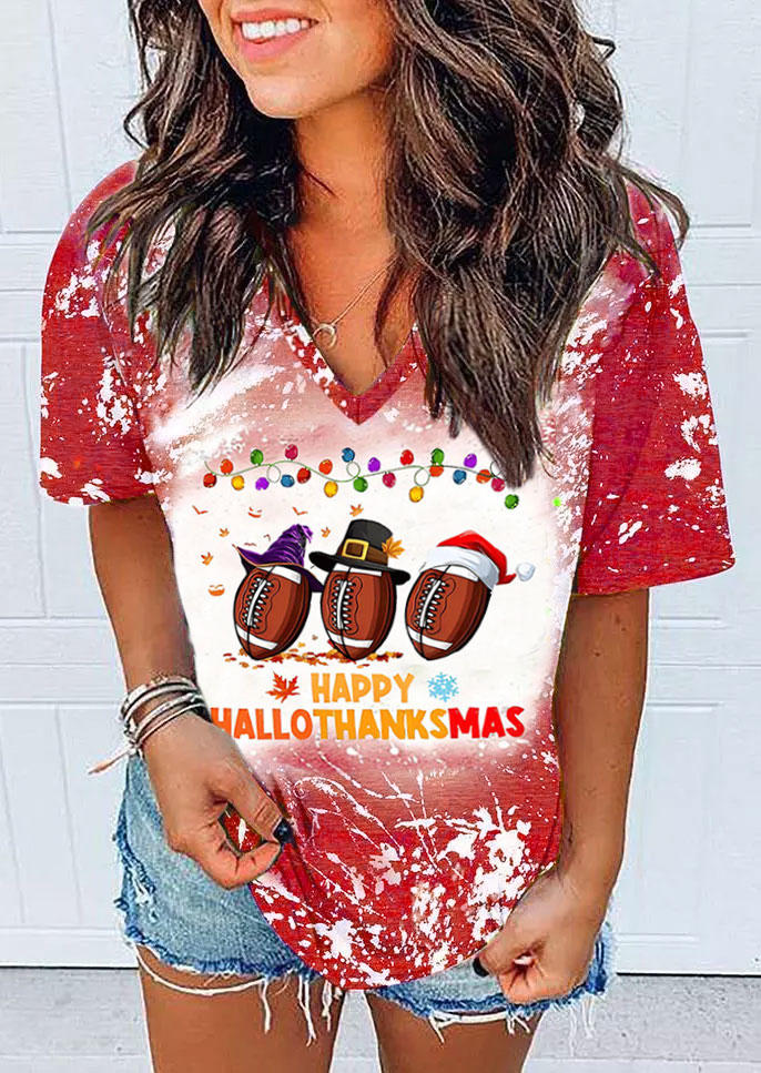 

T-shirts Tees Happy Hallothanksmas Snowflake Maple Leaf Soccer T-Shirt Tee in Red. Size: M