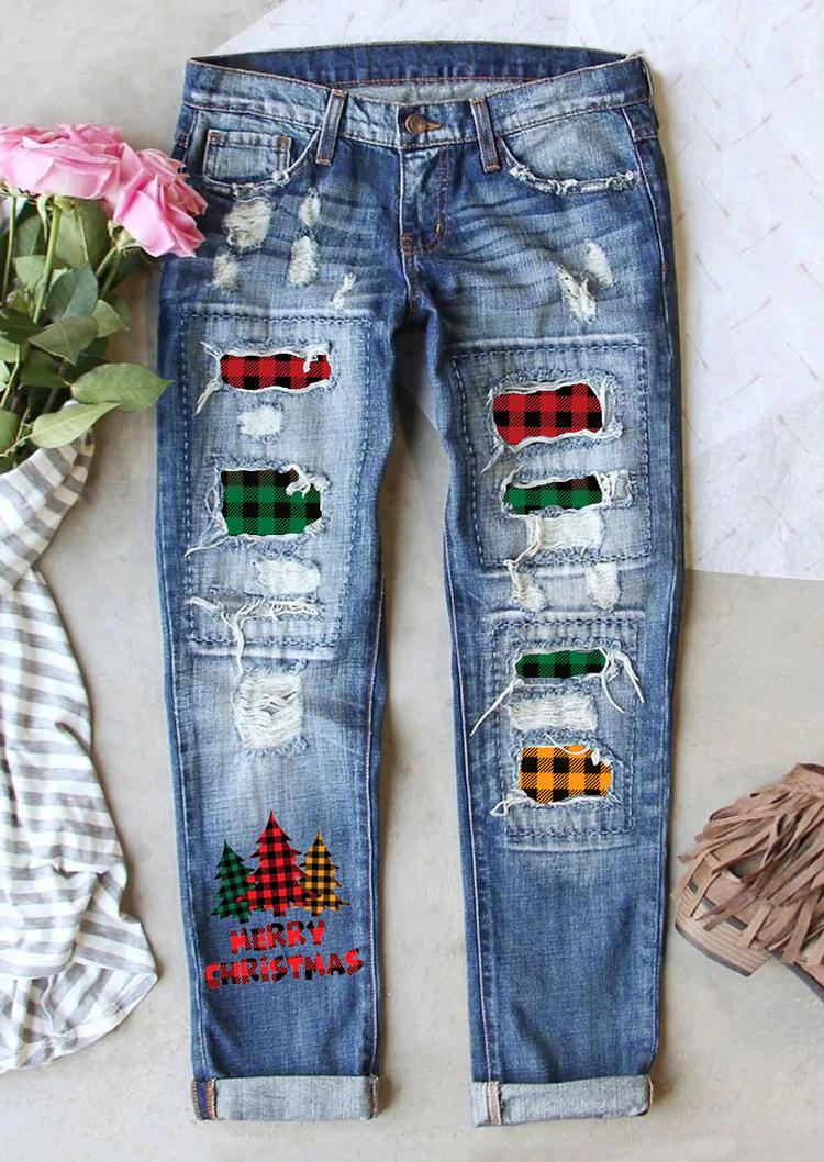 Pants Merry Christmas Tree Plaid Ripped Distressed Denim Jeans in Blue. Size: L,M,S