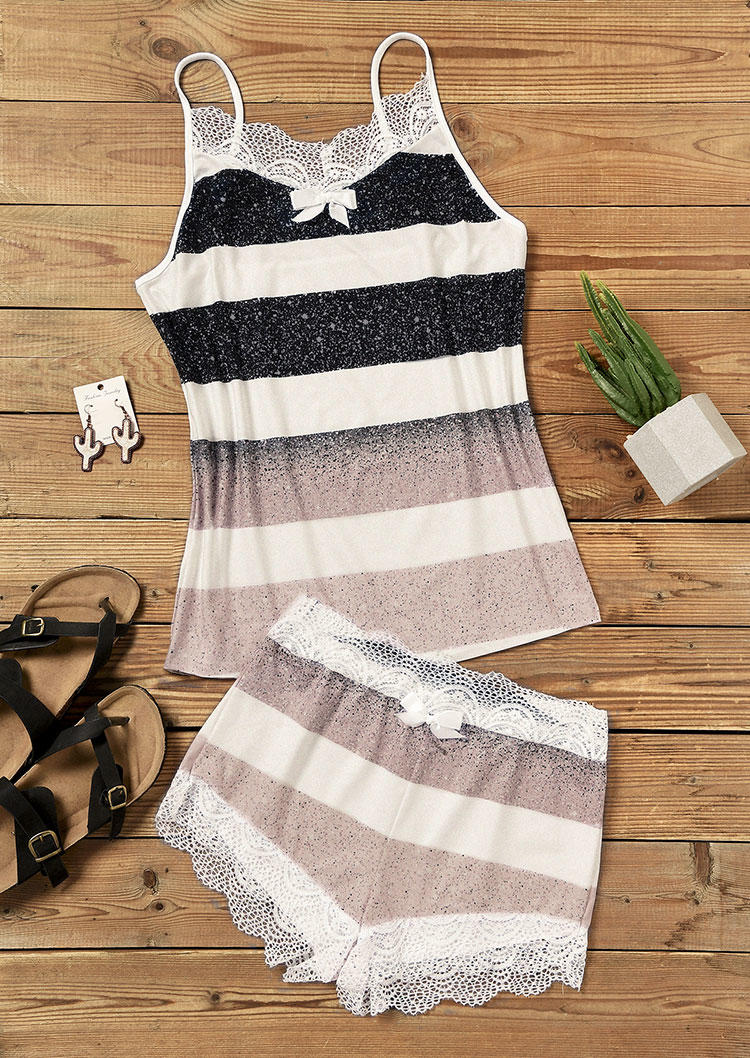 

Sleepwear Lace Splicing Gradient Striped Glitter Camisole And Shorts Pajamas Set in Multicolor. Size: L,M,,XL