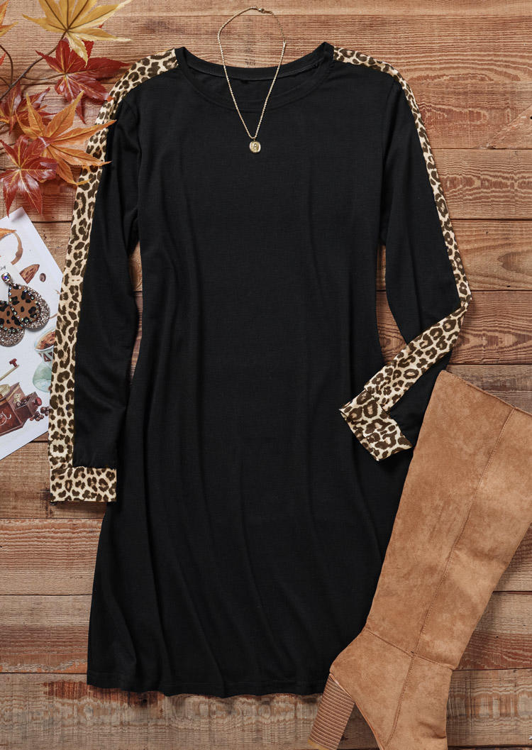 Mini Dresses Leopard Long Sleeve O-Neck Mini Dress in Black. Size: M