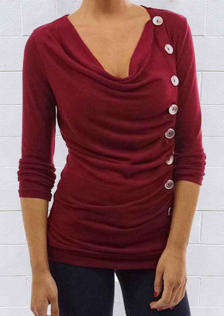 

Blouses Button Ruched Long Sleeve Blouse - Burgundy in Red. Size