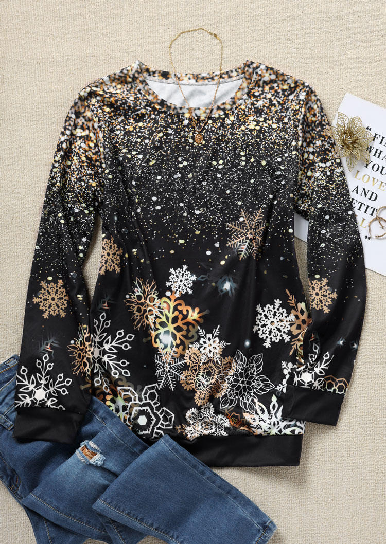 

Blouses Christmas Snowflake Long Sleeve Blouse in Black. Size: L,M,,XL