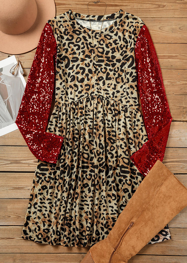 

Mini Dresses Leopard Ruffled O-Neck Mini Dress in Multicolor. Size: L,M