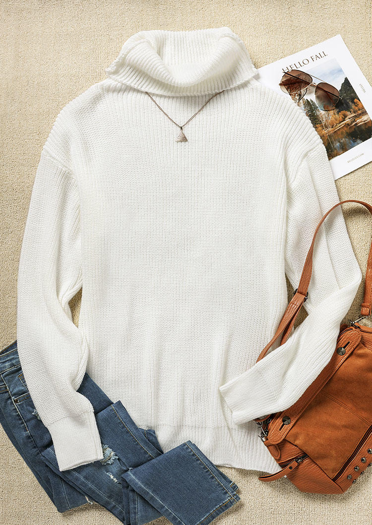 Sweaters Knitted Cowl Neck Long Sleeve Sweater in White. Size: L
