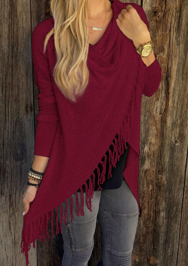 

Blouses Tassel Asymmetric Fringe Shawl Blouse - Burgundy in Red. Size