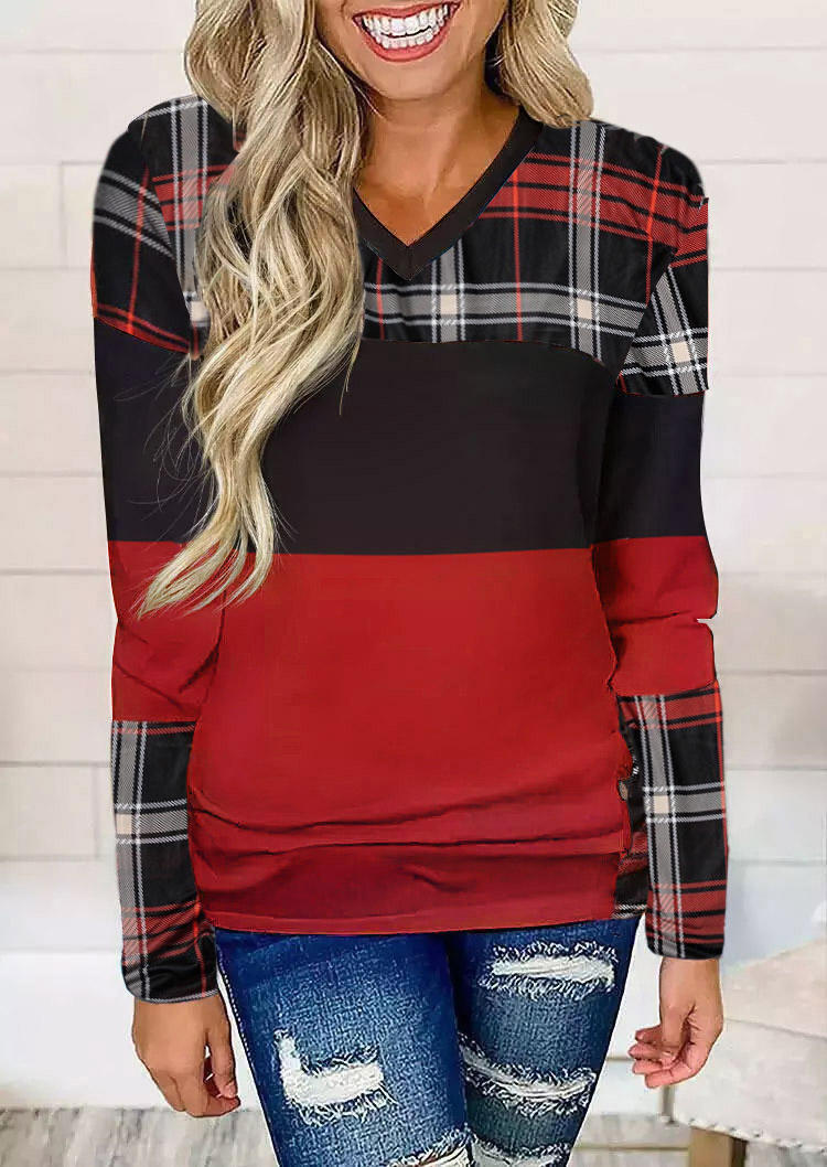 

Blouses Color Block Plaid Button V-Neck Blouse in Multicolor. Size