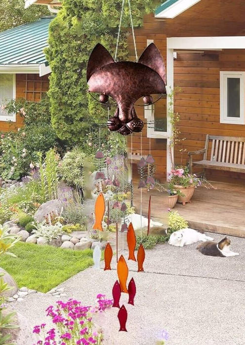Handicraft Metal Cat And Fish Wind Chime Ornament in Multicolor. Size: One Size