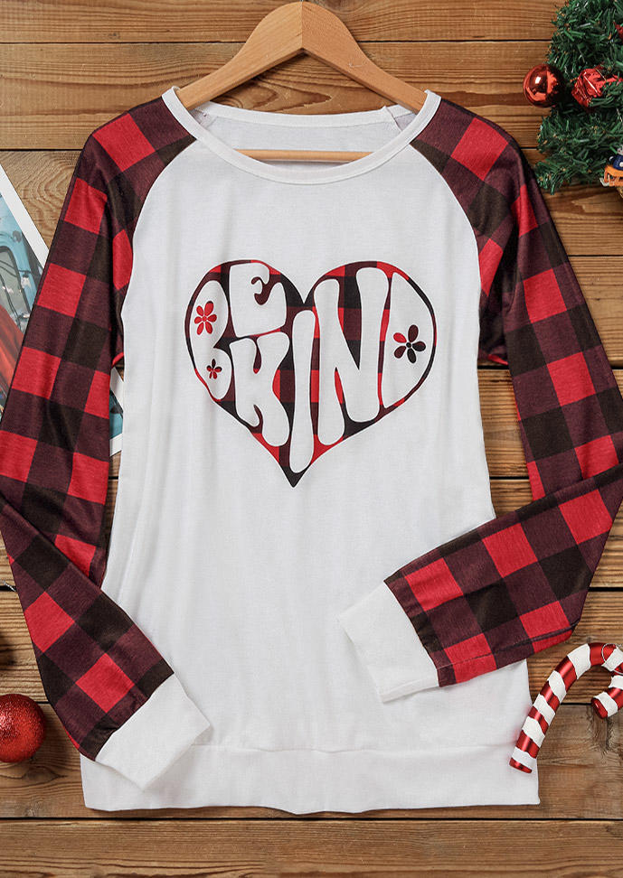 T-shirts Tees Be Kind Heart Plaid O-Neck T-Shirt Tee in White. Size: L,M,S,XL