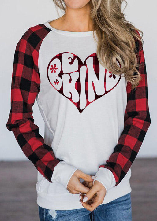 Be Kind Heart Plaid O-Neck T-Shirt Tee - White
