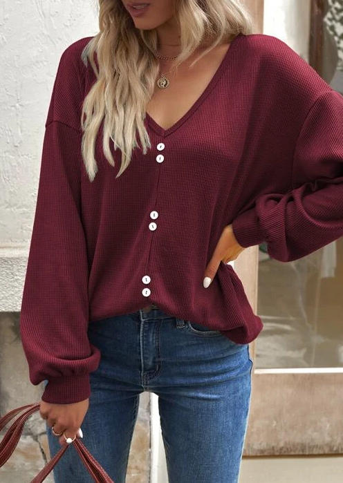 Blouses Button Long Sleeve V-Neck Blouse - Burgundy in Red. Size: L,M,S,XL