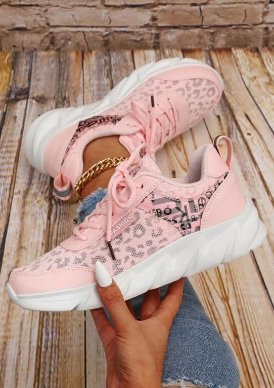 

Sneakers Leopard Letter Graphic Lace Up Running Sneakers in Pink. Size