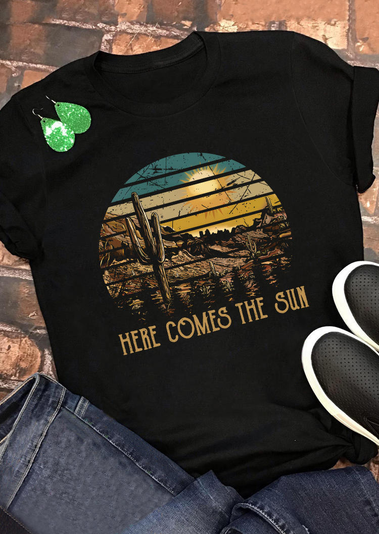 T-shirts Tees Cactus Here Comes The Sun O-Neck T-Shirt Tee in Black. Size: L,M,S,XL