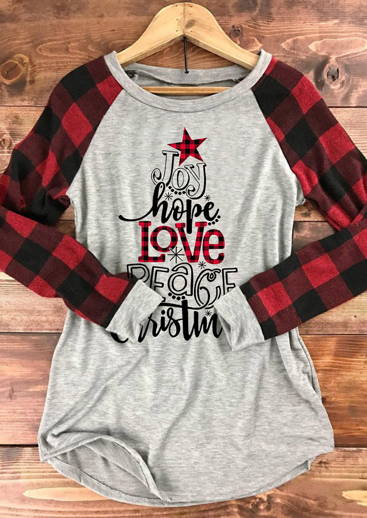 

T-shirts Tees Joy Hope Love Peace Christmas Buffalo Plaid Tree T-Shirt Tee - Light Grey in Gray. Size: L,M,,XL