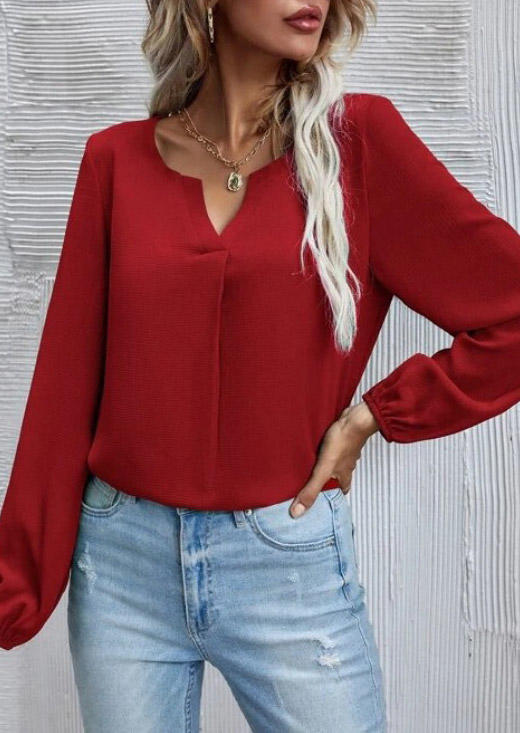 Blouses Elastic Cuff Long Sleeve Blouse in Red. Size: L,M