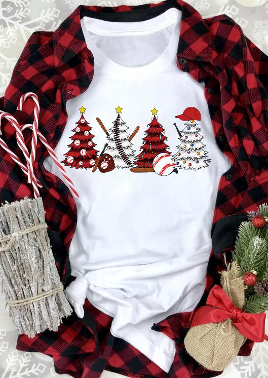 

T-shirts Tees Christmas Tree Baseball O-Neck T-Shirt Tee in White. Size