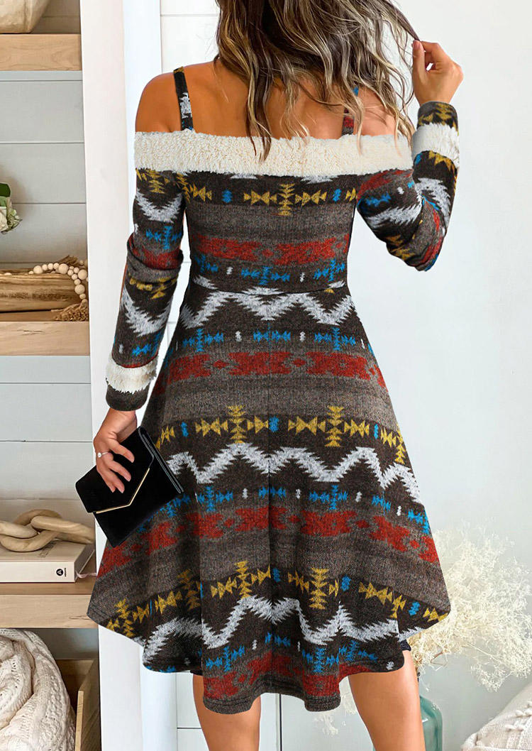 

Mini Dresses Aztec Geometric Off Shoulder Irregular Fuzzy Mini Dress in Multicolor. Size: L,M,,XL