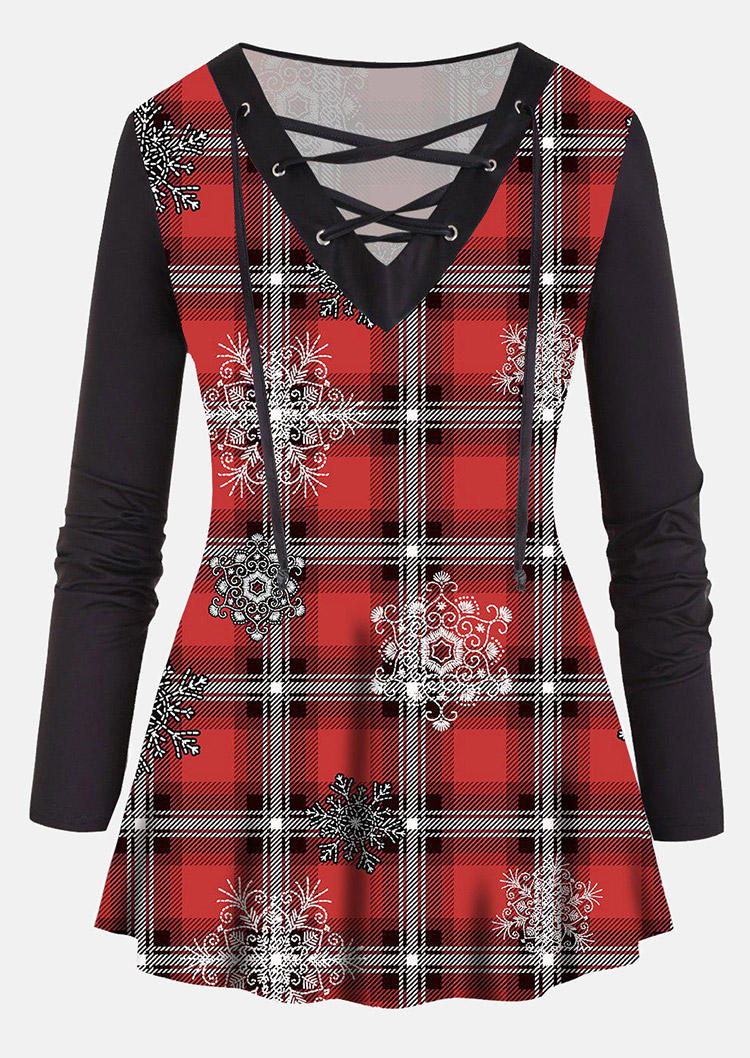 

Blouses Christmas Snowflake Plaid Lace Up Blouse in Multicolor. Size: L,M,,XL