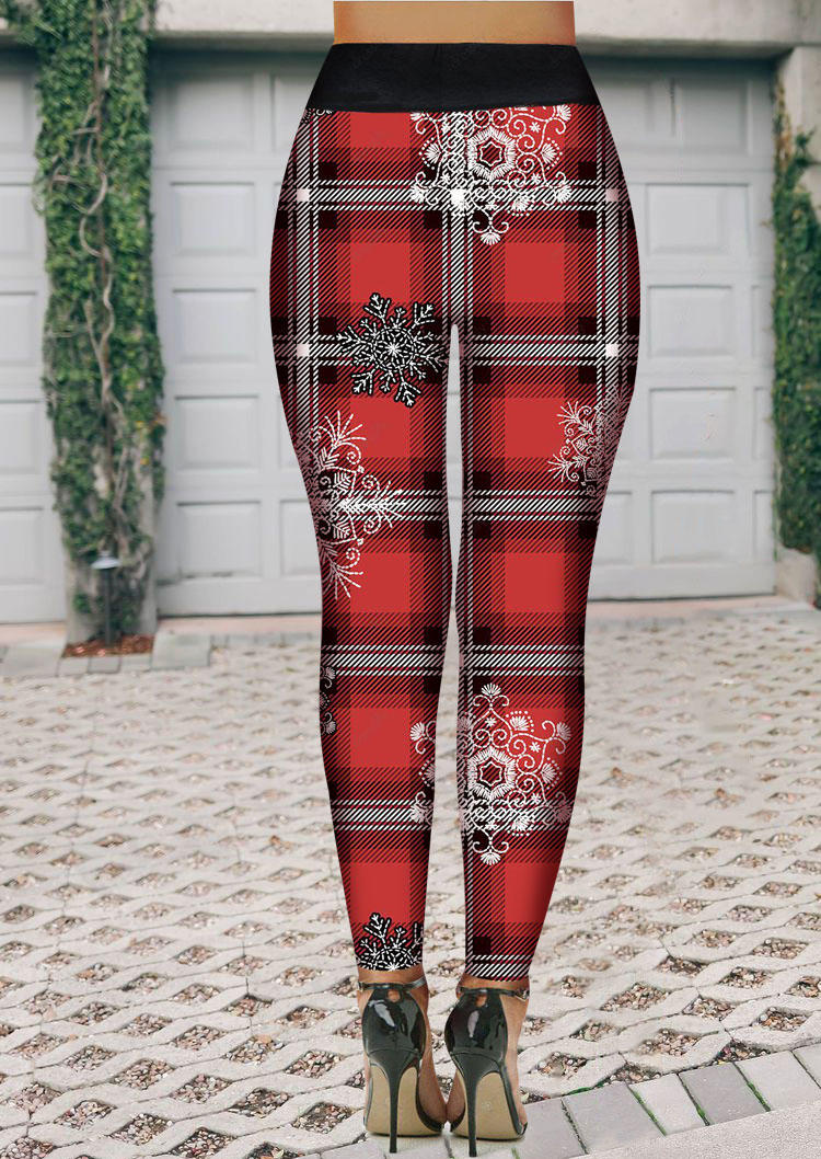 Leggings Christmas Snowflake Plaid High Waist Leggings in Multicolor. Size: L,S
