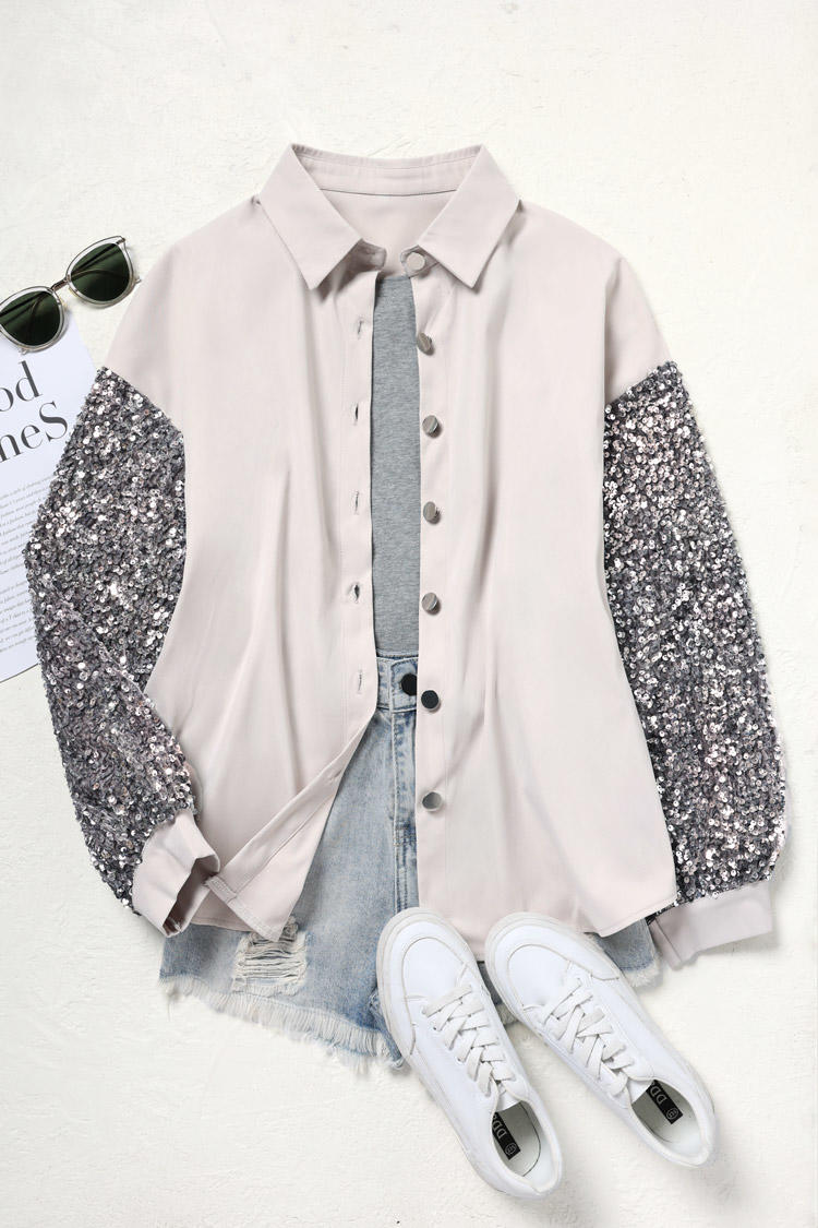 

Jackets Sequined Splicing Button Long Sleeve Jacket in Gray. Size: L,M,,XL
