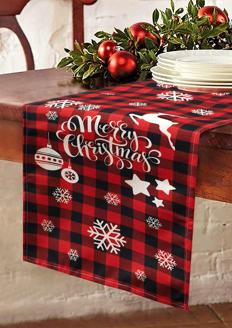 

Table Cloths Merry Christmas Reindeer Snowflake Buffalo Plaid Table Runner in Red. Size