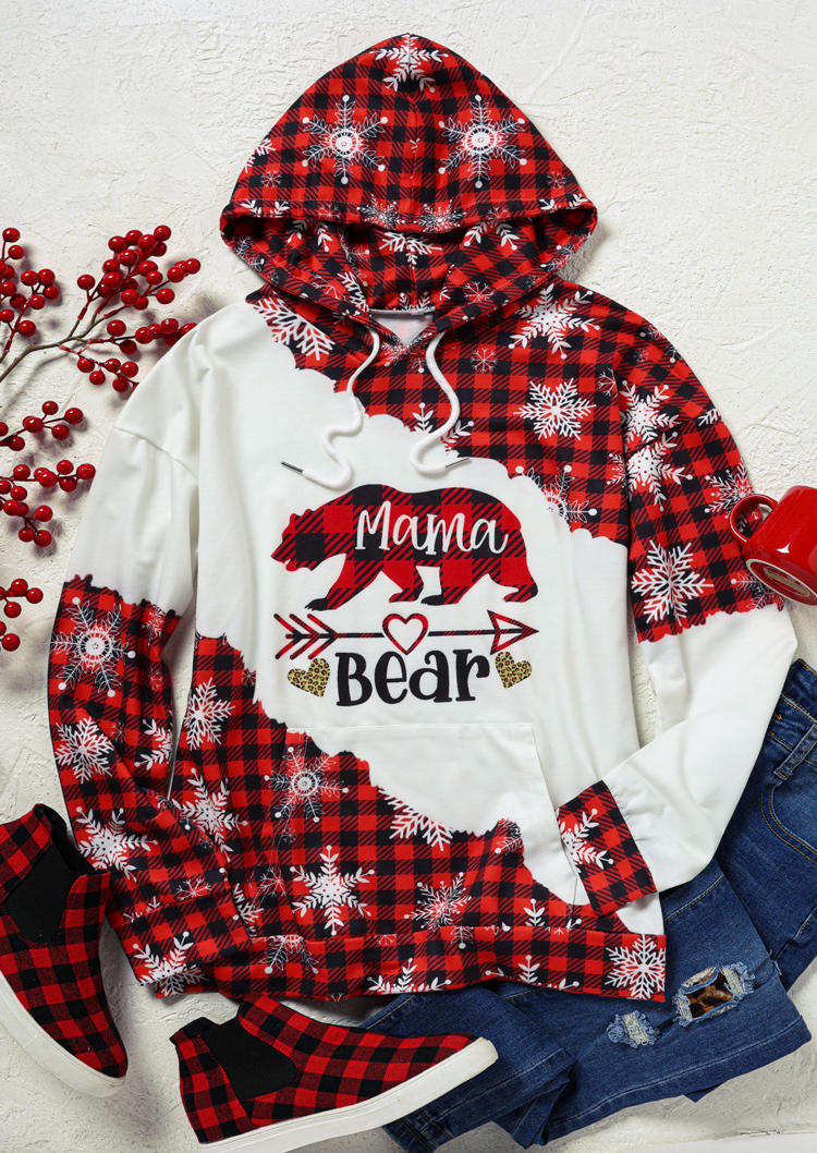 

Hoodies Christmas Mama Bear Snowflake Leopard Plaid Heart Kangaroo Pocket Hoodie in Multicolor. Size: L,M