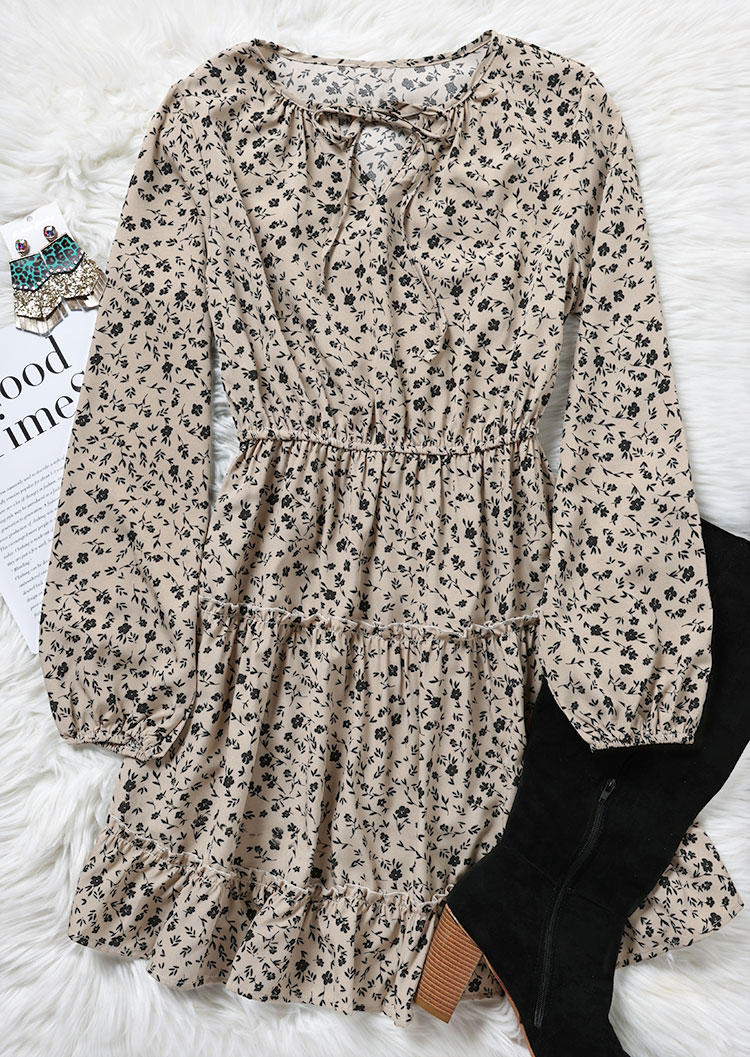 

Mini Dresses Ruffled Tie Elastic Cuff Mini Dress in Apricot. Size
